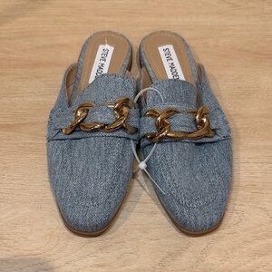 Steve Madden Cassady Loafer Mules in Denim Mules with Gold Tone Hardware NWOT